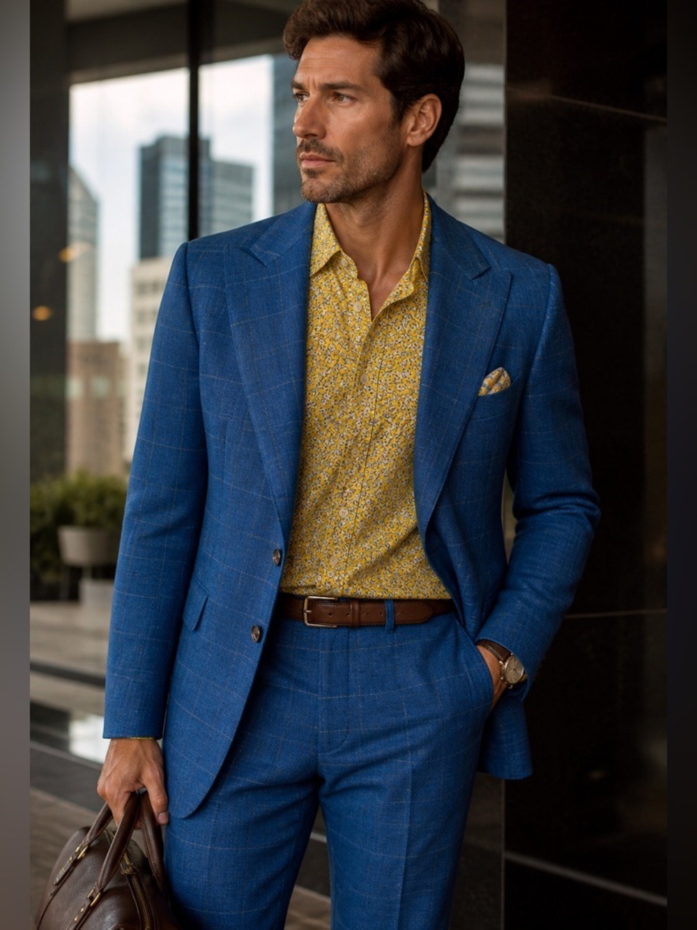 Men's Cesare Bianni Blue Plaid Wool Blazer with Tan Elbow Patches 44R Turkey